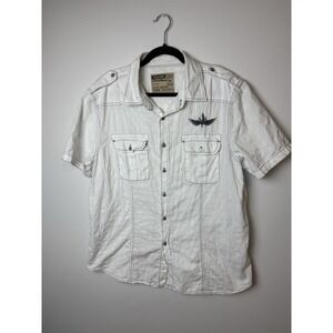 Machine Custom Co. Mens White Button Front Shirt W/Embroidered Details Sz XL